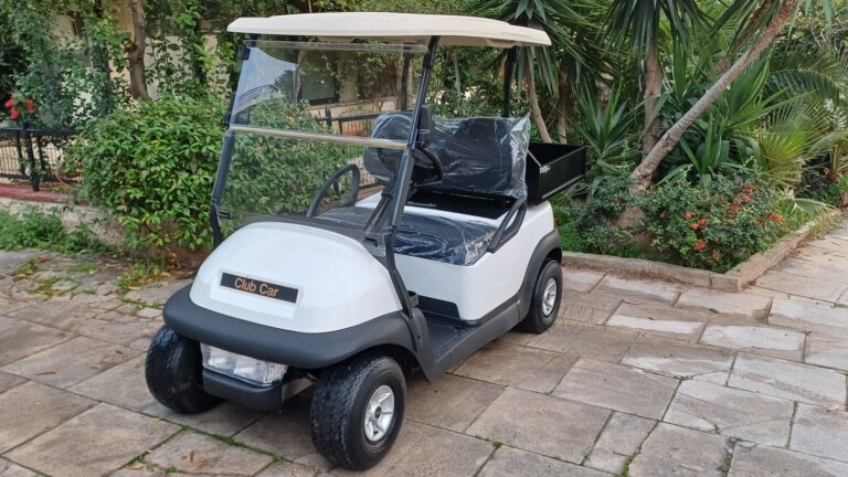 Club Car Precedent 2015 λευκό ηλεκτρικό golf cart με cargo box και μαύρα δερμάτινα καθίσματα
