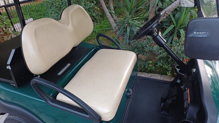 Club Car Precedent 2015 πράσινο ηλεκτρικό golf cart με cargo box και μπεζ δερμάτινα καθίσματα