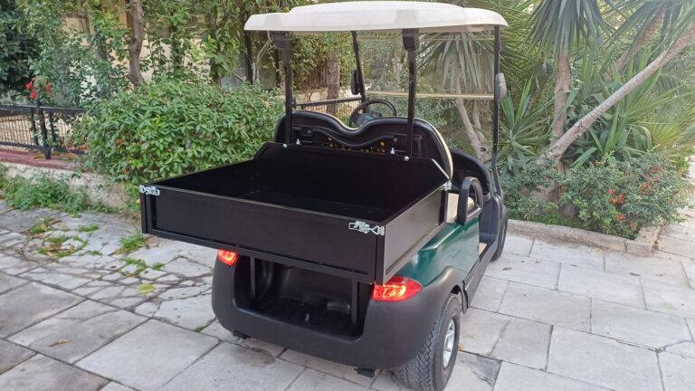 Club Car Precedent 2015 πράσινο ηλεκτρικό golf cart με cargo box και μπεζ δερμάτινα καθίσματα