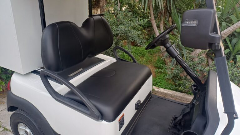 Club Car Precedent 2015 λευκό ηλεκτρικό golf cart με λευκή ανοικτή καμπίνα room service και μαύρα δερμάτινα καθίσματα