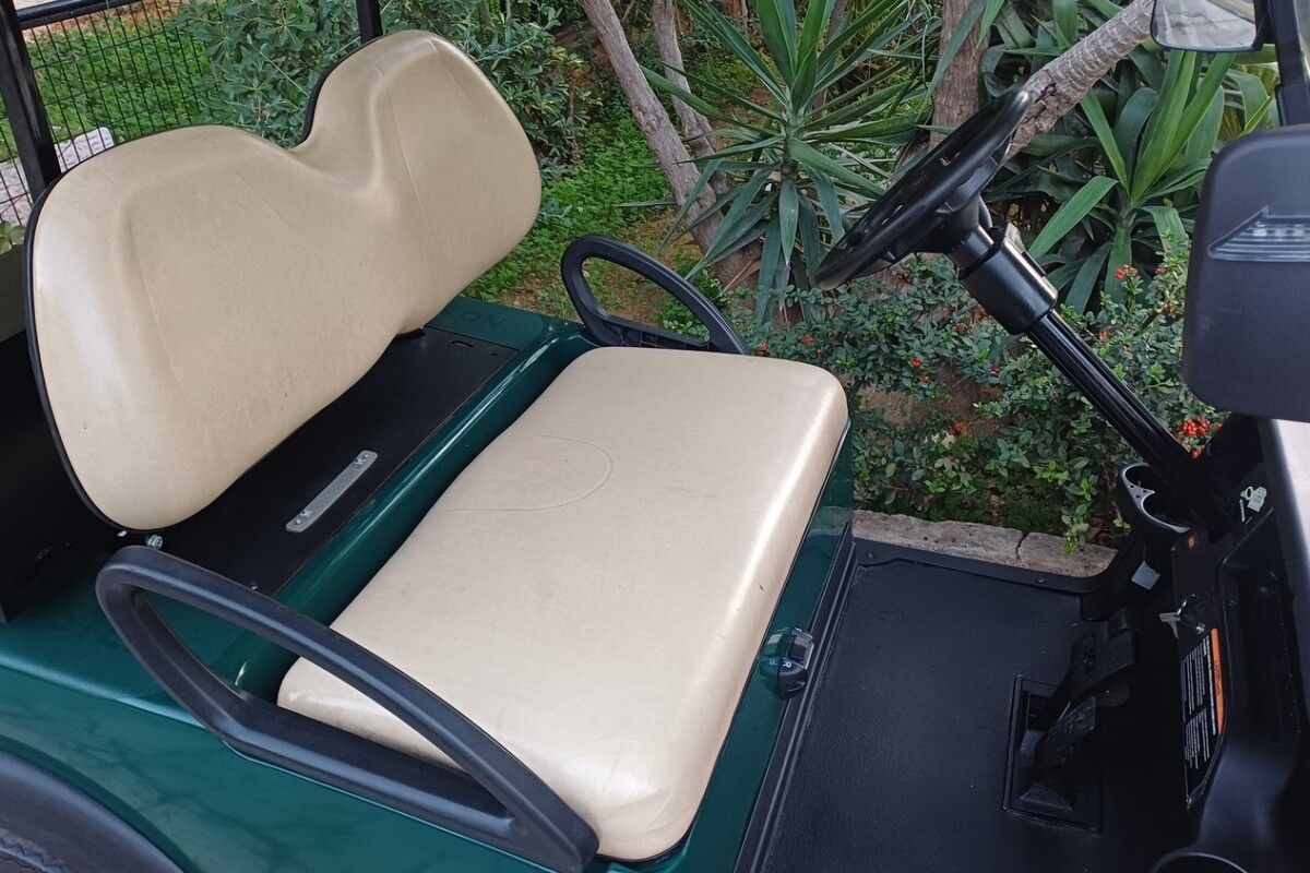 Club Car Precedent 2015 πράσινο ηλεκτρικό golf cart με cargo box και μπεζ δερμάτινα καθίσματα