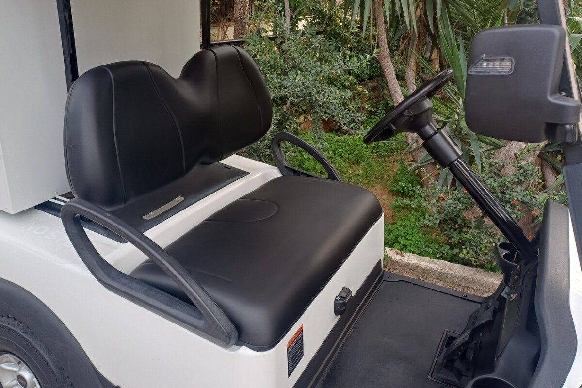 Club Car Precedent 2015 λευκό ηλεκτρικό golf cart με λευκή ανοικτή καμπίνα room service και μαύρα δερμάτινα καθίσματα