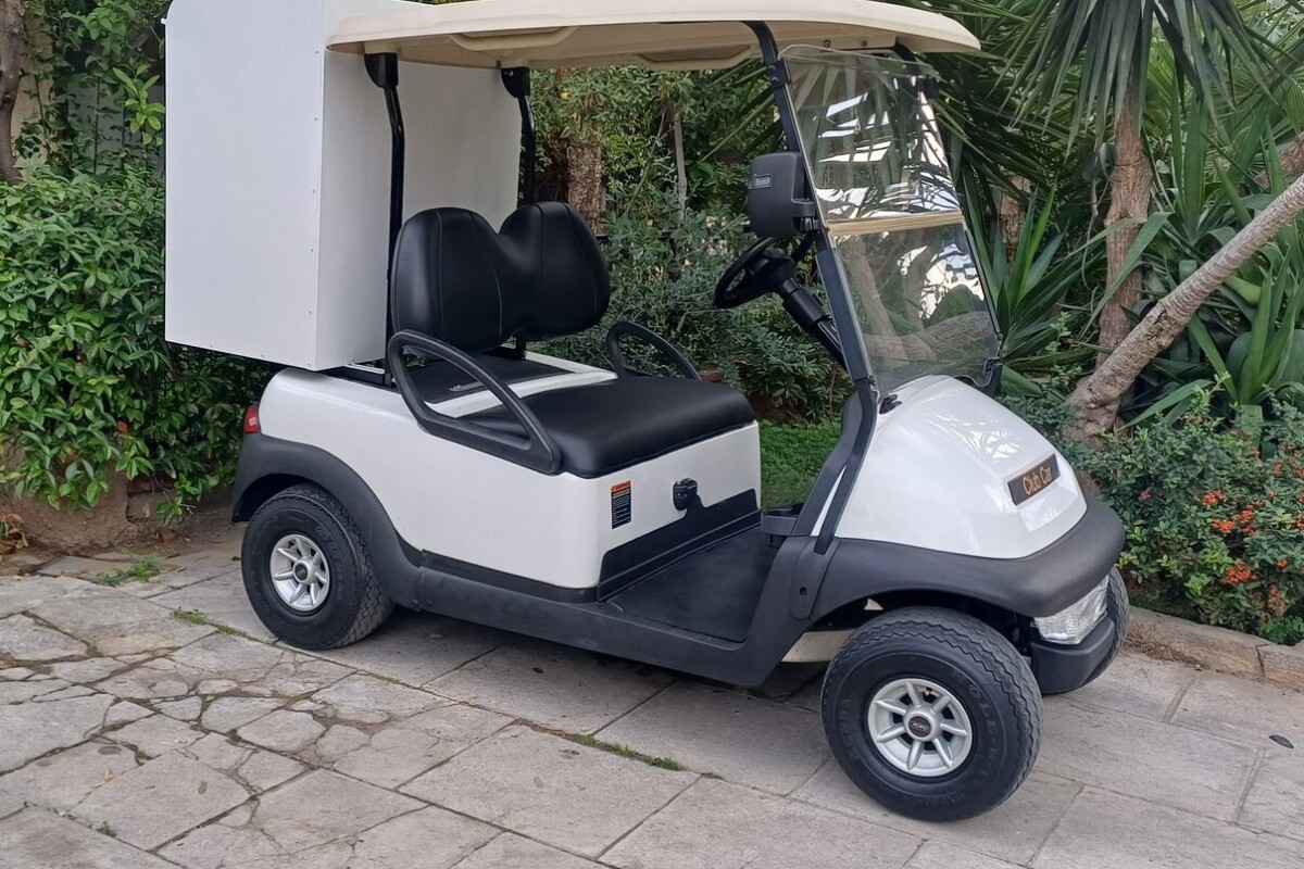 Club Car Precedent 2015 λευκό ηλεκτρικό golf cart με λευκή κλειστή καμπίνα room service και μαύρα δερμάτινα καθίσματα